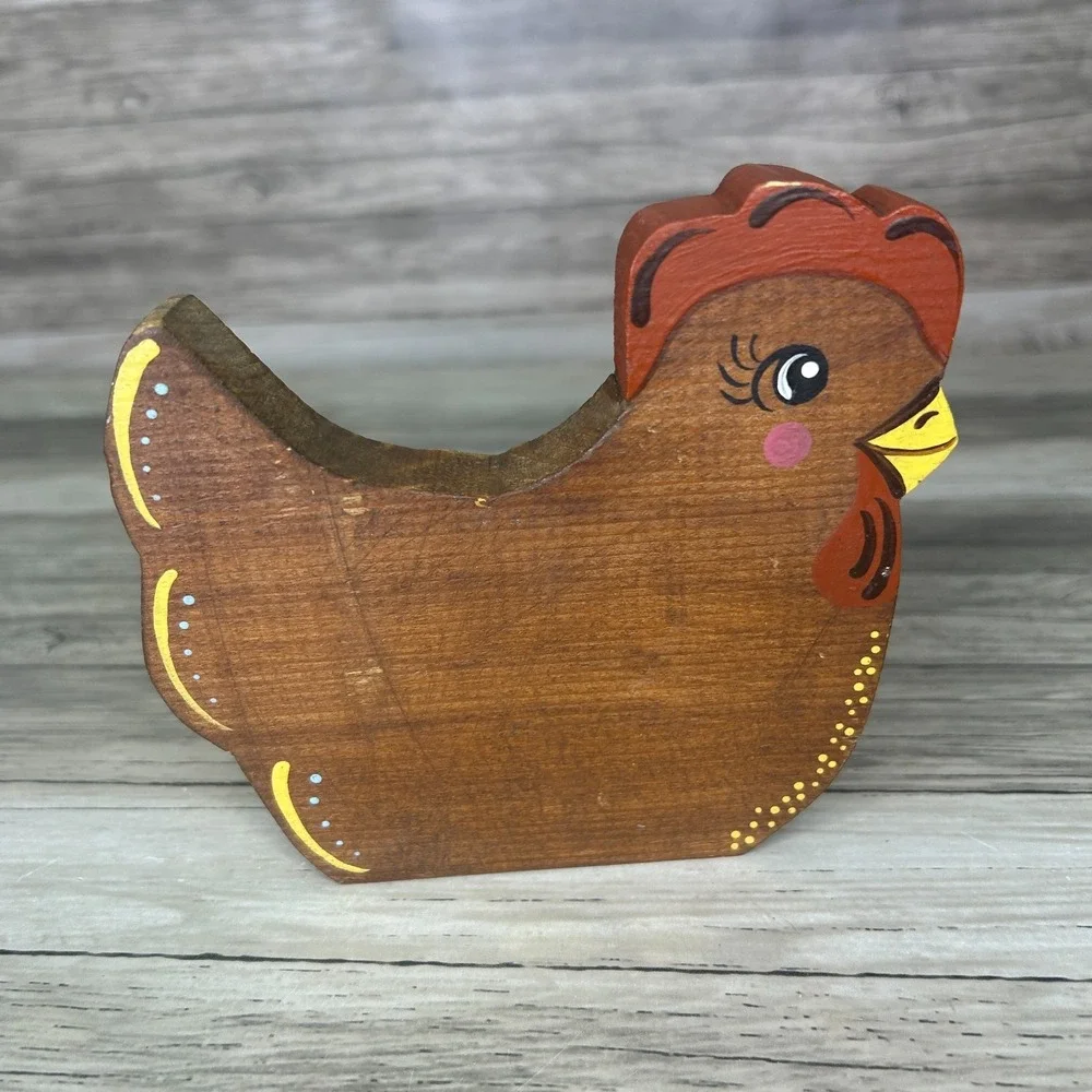 Folk Art Wooden Chicken Hen Hand painted Shelf Sitter Rustic Country Cottage